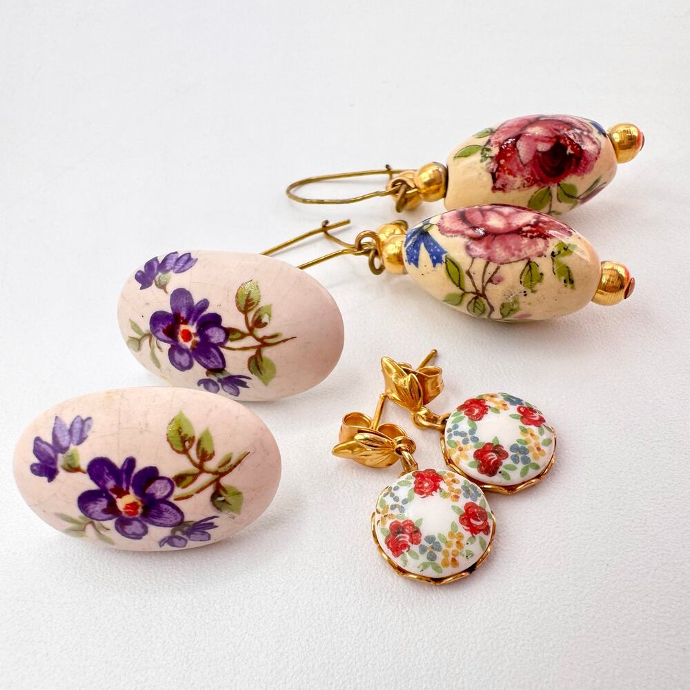 Vintage 3 Pair Cottagecore Earring Lot Floral Prairie Grannycore Grandmacore